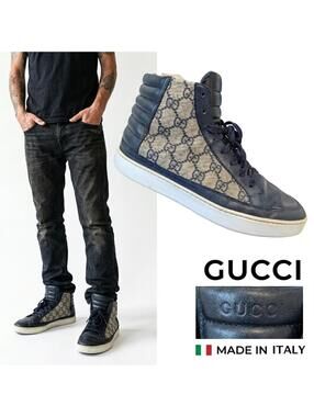 Gucci GG Supreme Men High-Top Sneakers Italy Blue Canvas 7